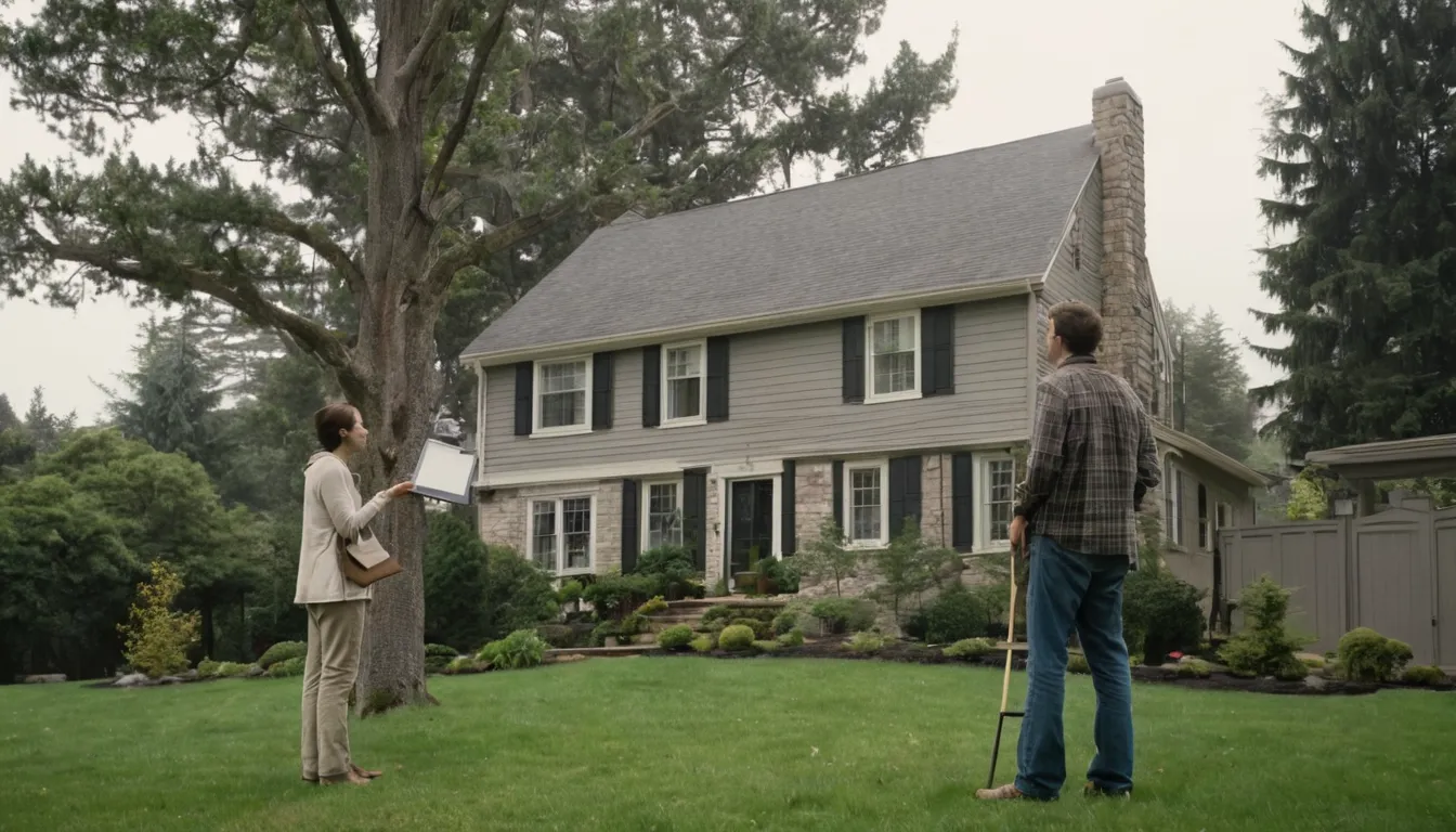A provider checking a leaning tree in a residential yard in the Stamford area