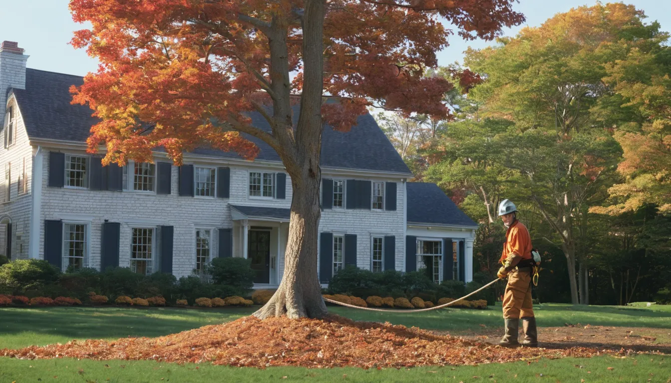 A local tree removal provider guiding a cut section of a large tree down with ropes beside a home in the Stamford area